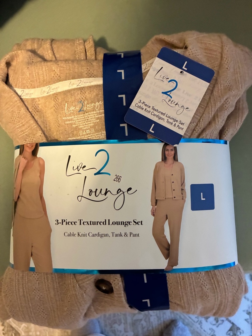 Live 2 Lounge Women's 3-Piece Textured Cable Knit Lounge Set - Beige